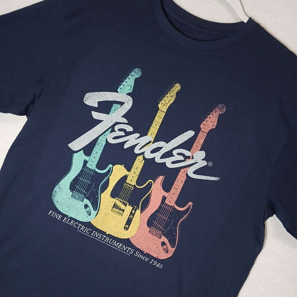 Fender Guitars Amp Graphic T-Shirt Mens L Blue Logo Vintage Rock Music Tee #1158